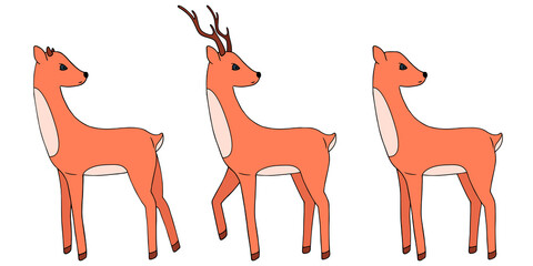 Vector illustration. Set of tree deer on white. Christmas decoration design element. Ideal for baby project, collage, holiday card, book illustration, banner. Hand drawn doodle clipart. Flat style.