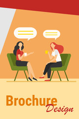 Women talking over cup of coffee. Female friends meeting in coffee shop, chat bubbles flat vector illustration. Friendship, communication concept for banner, website design or landing web page