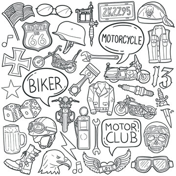 Bikers doodle icon set. Hard biker Vector illustration collection. Lifestyle Banner Hand drawn Line art style.