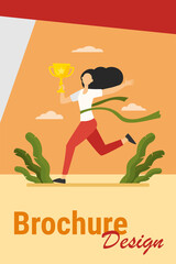 Running woman winning racing. Marathon leader holding cup, crossing line with red ribbon flat vector illustration. Competition, prize, trophy concept for banner, website design or landing web page