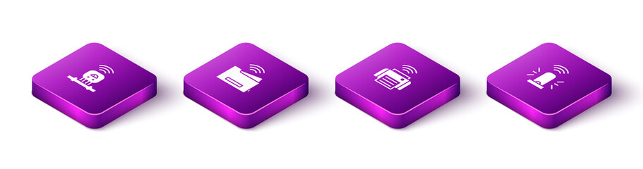 Set Isometric Smart sensor, printer, and flasher siren icon. Vector.