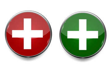 Medical cross button in flat style on light background. Red cross sign. Health care. Shield icon vector. Stock image.