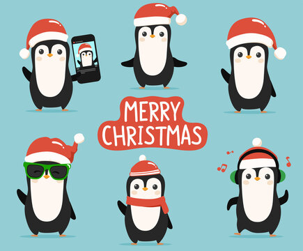 Cute penguin characters set with merry Christmas message.To see the other vector cute penguin illustrations , please check Christmas collection.