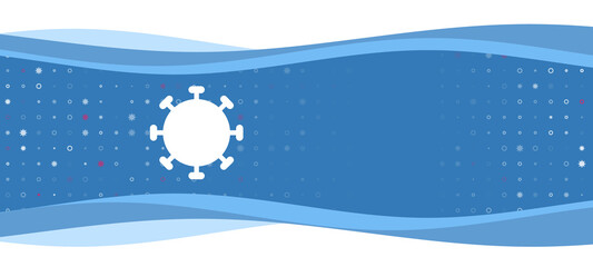 Naklejka premium Blue wavy banner with a white coronavirus symbol on the left. On the background there are small white shapes, some are highlighted in red. There is an empty space for text on the right side