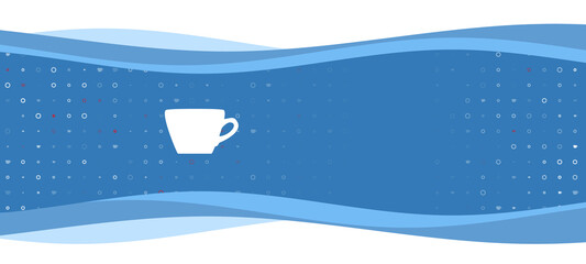 Blue wavy banner with a white coffee cup symbol on the left. On the background there are small white shapes, some are highlighted in red. There is an empty space for text on the right side