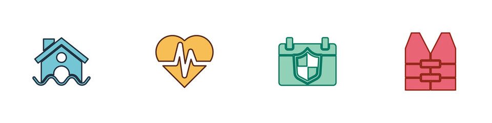 Set House flood, Health insurance, Calendar with shield and Life jacket icon. Vector.