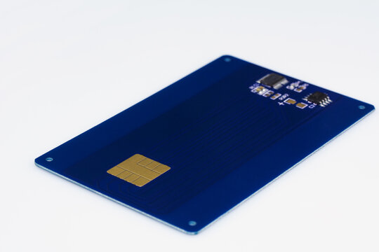 Blue plastic Smart Card with Chip on white background. House key security, access control terminal. Business Technology security Concept.