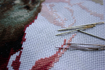 Set of metal embroidery needles on a white canvas with embroidered image of a fancy rat. Black...