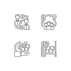 Digital crowdfunding platforms linear icons set. Peer to peer lending strategy. Help people with money. Customizable thin line contour symbols. Isolated vector outline illustrations. Editable stroke