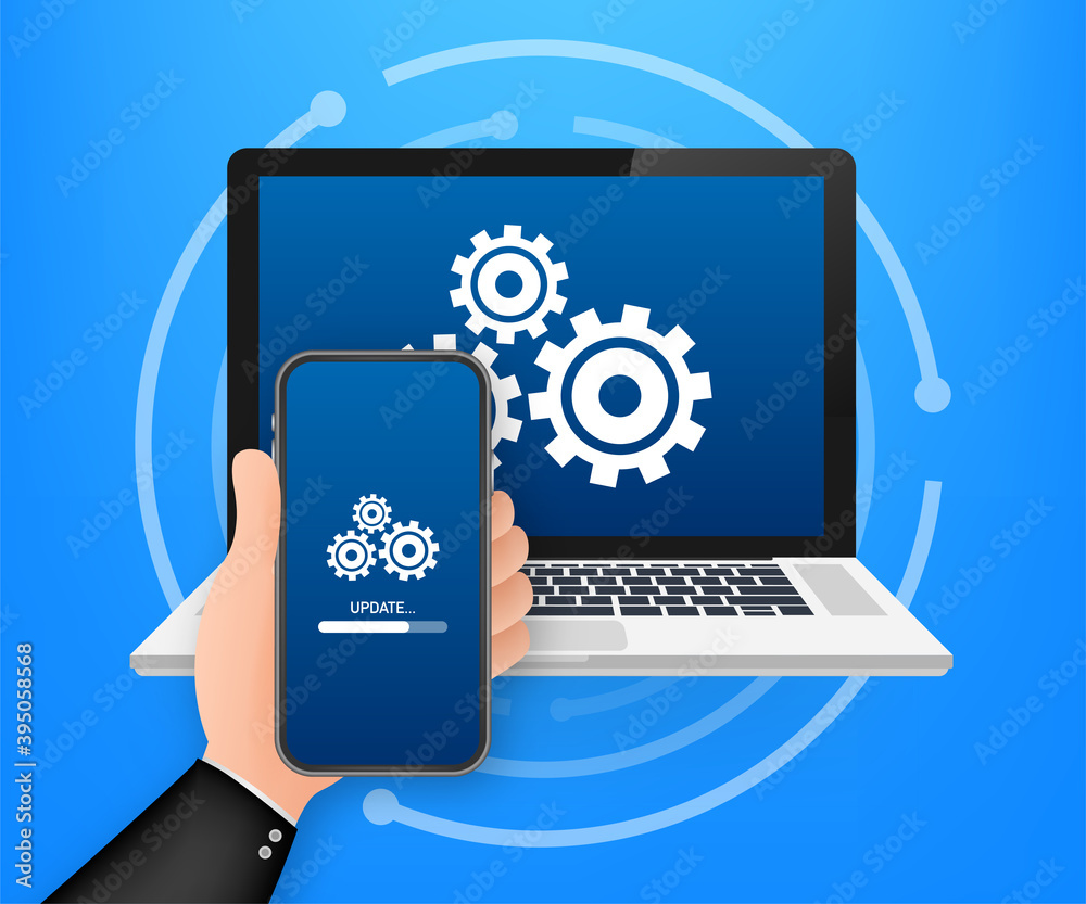 Poster system software update, data update or synchronize with progress bar on the screen. vector illustrat