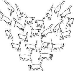 Vector set of silhouettes of black cats isolated on a white background. Cats in the style of minimalism or one-line art. Path of love. T-shirt print, minimalist poster line, modern abstraction