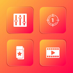 Obraz premium Set Sound mixer controller, Old film movie countdown frame, Cinema ticket and Play Video icon. Vector.