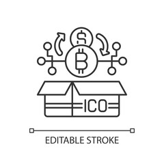 Initial coin offering linear icon. Type of funding using cryptocurrencies. Form of offering. Thin line customizable illustration. Contour symbol. Vector isolated outline drawing. Editable stroke