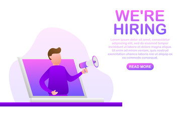 We re Hiring web banner. Megaphone With We are Hiring Speech on green background. Vector stock illustration.