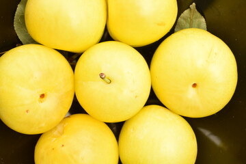 Several organic ripe, yellow plums in a black ceramic plate, close-up