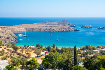 Fototapeta na wymiar view on blue bay in Lindos on Rhodes island in Greece