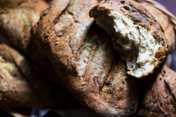 Piled up freashly baked bread loafs