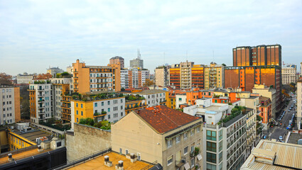 The skyline of Milan at sunrise. Panoramic view of the city of Milan, Italy. Milan cityscape.