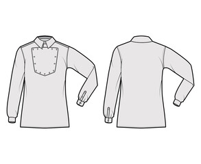 Shirt cavalry Officer technical fashion illustration with bib, elbow fold long sleeves, relax fit, classic collar. Flat wild west style template front, back grey color. Women men top CAD mockup