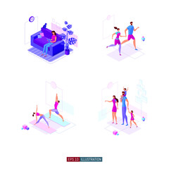 Trendy flat illustration set. Yoga lifestyle. Happy family. Sport time. Time to travel. Template for your design works. Vector graphics.
