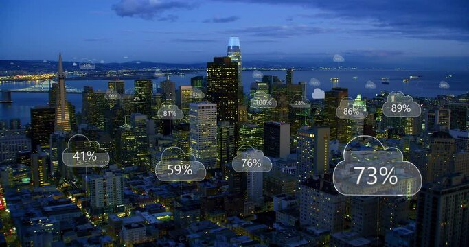 Aerial smart city. Network connections and cloud computing icons with percentages. Technology concept, data communication, artificial intelligence, internet of things. San Francisco skyline.