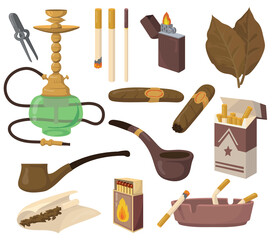 Smoking accessories set. Tobacco leaves, cigarettes, hookah, cigar, pipe, ashtray isolated on white background. Vector illustrations collection for drug, nicotine addiction, harmful habit concept
