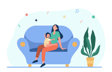New mom holding kid on lap. Mother and toddler with pacifier sitting on couch at home flat vector illustration. Motherhood, maternity leave concept for banner, website design or landing web page