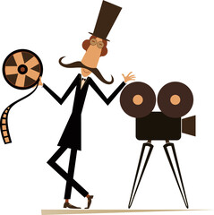 Cartoon long mustache, movie projector, tape illustration. Cartoon long mustache man in the top hat stands near the movie projector and holds a tape isolated on white 
