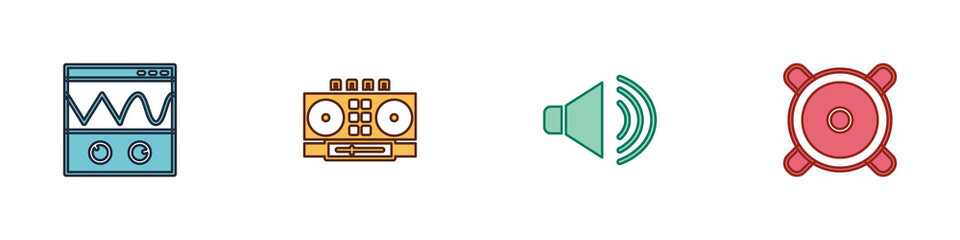 Set Oscilloscope, DJ remote and mixing music, Speaker volume and Stereo speaker icon. Vector.