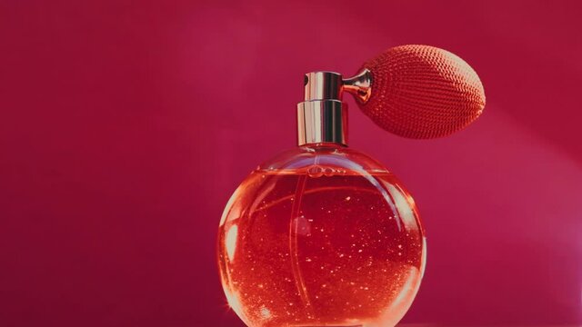 Vintage perfume bottle and shining light flares on red background, glamorous fragrance scent as luxury perfumery product for cosmetic and beauty brand, stock footage