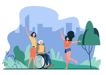 Old man meeting with family. Wheelchair, daughter, granddaughter flat vector illustration. Generations, elderly care, togetherness concept for banner, website design or landing web page