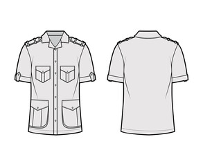 Shirt safari technical fashion illustration with short sleeves, flaps pockets, relax fit, button-down, epaulettes, open collar. Flat template front, back grey color. Women men top CAD mockup © Vectoressa