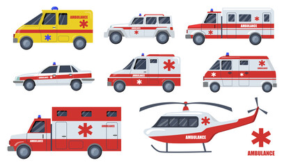 Medical care transport flat item set. Cartoon ambulance cars and vehicles design isolated vector illustration collection. Emergency, transportation, aid service and fast rescue concept © PCH.Vector