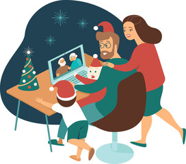 Young family with kids making a distant call to elderly parents on internet during quarantine on Christmas eve. Flat vector illustration for covid-19 pandemic.