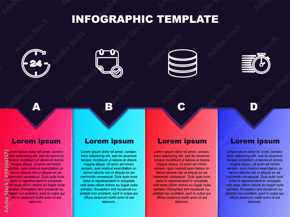 Poster set line clock 24 hours, calendar with check mark, database and stopwatch. business infographic temp