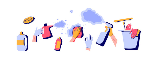 Bucket with cleaning supplies, bottles, spray, sponge, brush, gloves. Various Cleaning items. Housework concept. Hand drawn Vector illustrations. All elements are isolated