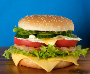 hamburger with meat, cheese, salad and vegetables