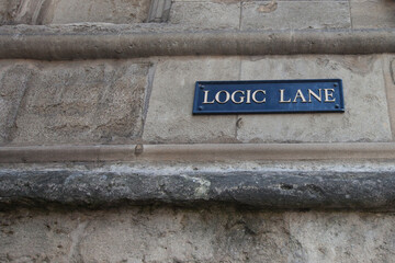 A road sign in Oxford England in the heart of the city called Logic Lane