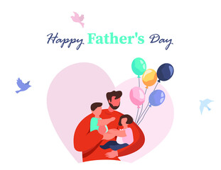 Happy Father's Day.Father with Children Celebrate Father's Day.Happy Family.Dad with His Son and Daughter in His Arms.Best Dad in the World.Flat Vector Illustration