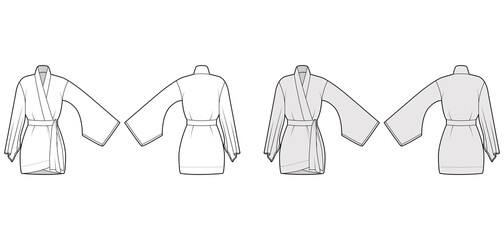 Kimono robe technical fashion illustration with long wide sleeves, belt to cinch the waist, above-the-knee length. Flat blouse template front, back white grey color. Women men unisex CAD shirt mockup