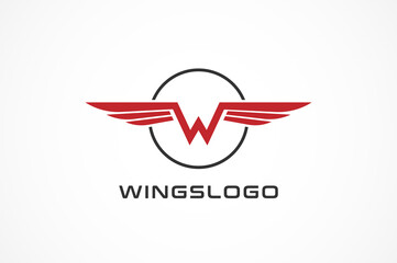 Initial letter W wings logo, Red Wings inside the black line circle, usable for automotive and business logo, Flat Design Logo Template, vector illustration