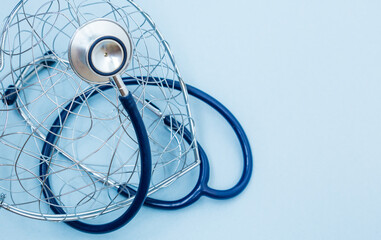 Red heart with heartbeat or heart rate and stethoscope on blue background. Medical and Health care,...