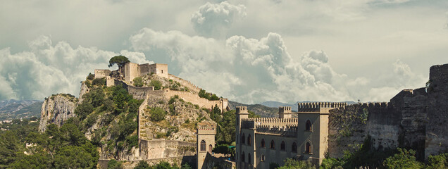 Aerial image picturesque view to ancient castle of Xativa. Spain