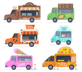 Street food trucks set. Colorful buses for selling pastry, fast food, cotton candy, coffee, ice cream, pizza. Vector illustrations collection for catering, outdoor cafe, menu, food fair concept