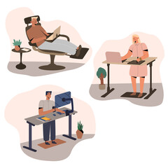 Man standing working with computer and lying with laptop