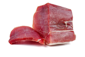 Piece of cured ham isolated on the white background