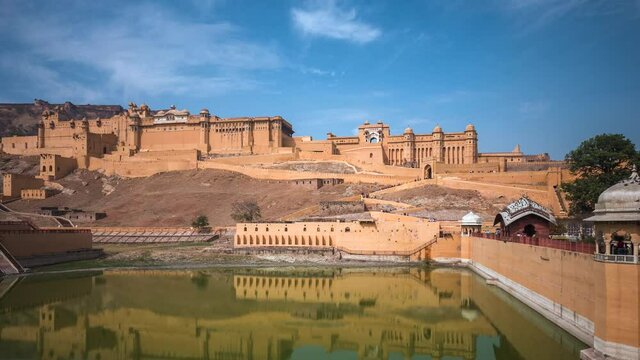 Zoom in time lapse view of historical landmark Amber Fort in Amer near Jaipur, Rajasthan, India. 