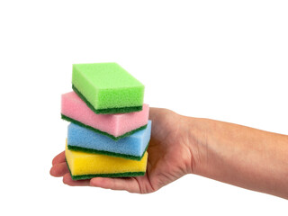 Sponge for washing dishes in hand isolated on the white