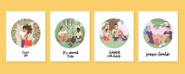 Card design Summer. Summer holidays with friends, family picnic, boyfriend and girlfriend date, lovers with flowers. Summer activity. Vector illustration.