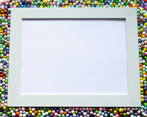 Close up white frame with multicolored small balls around. Copy space